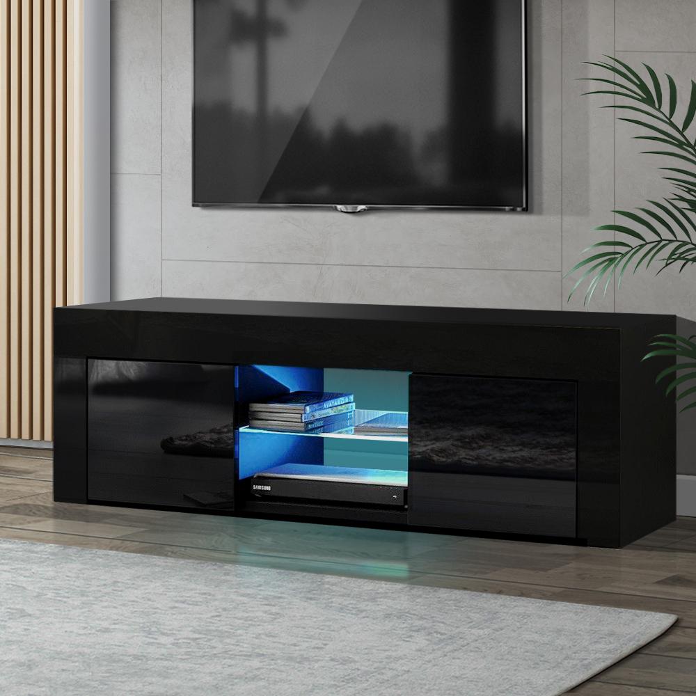 Artiss 130cm RGB LED TV Stand Cabinet in black with customizable lighting and tempered glass shelf, showcasing a modern design.